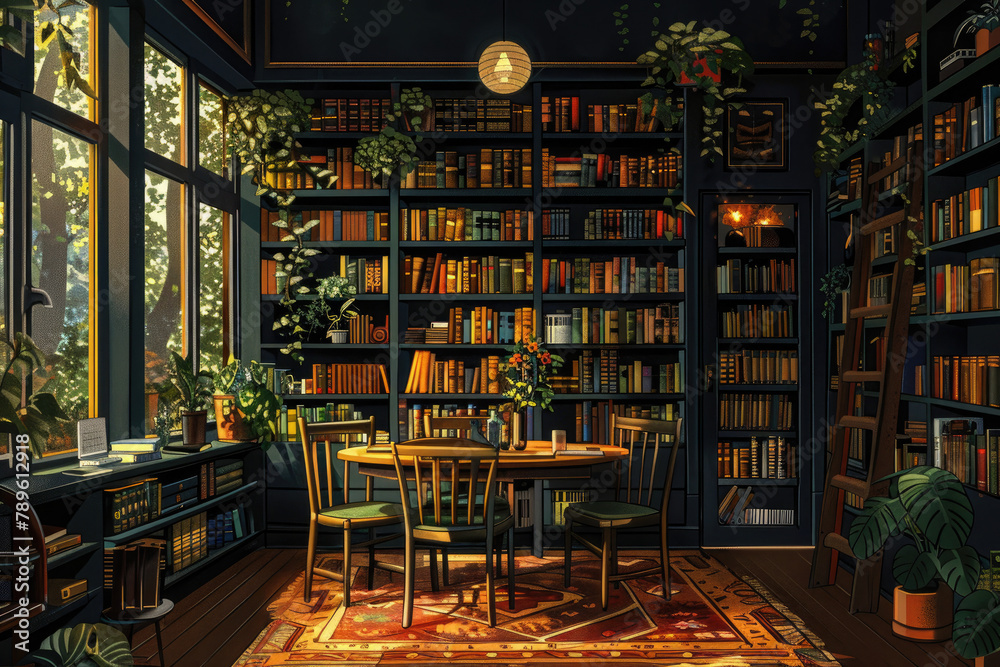 interior of a dinning room dark and cozy with bookshelf and plants