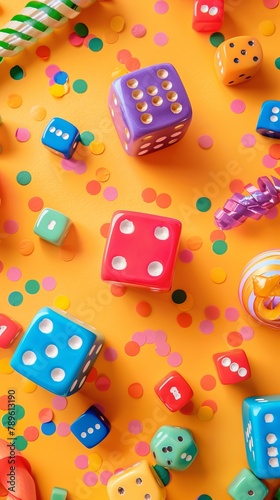 Colorful background. April fool's day background. April fool dice background concept. copy space. National Dice Day recognizes an ancient gaming tool