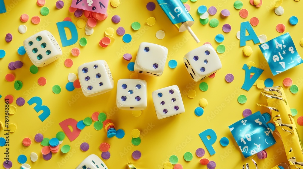 Colorful background. April fool's day background. April fool dice background concept. copy space. National Dice Day recognizes an ancient gaming tool