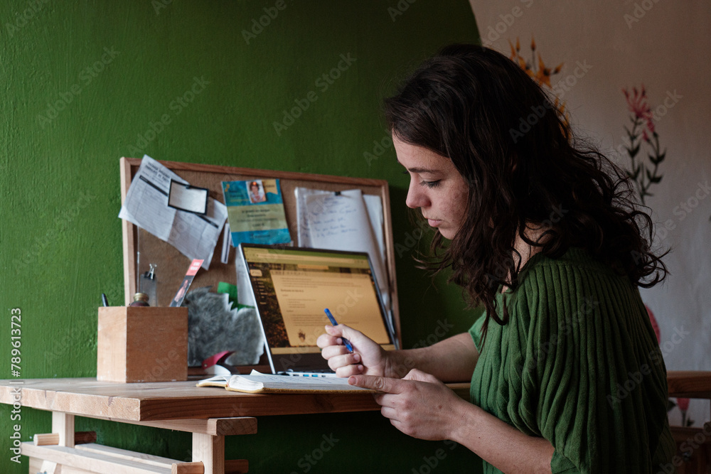woman writing notes in diary at her desk woman writing notes in diary at her desk