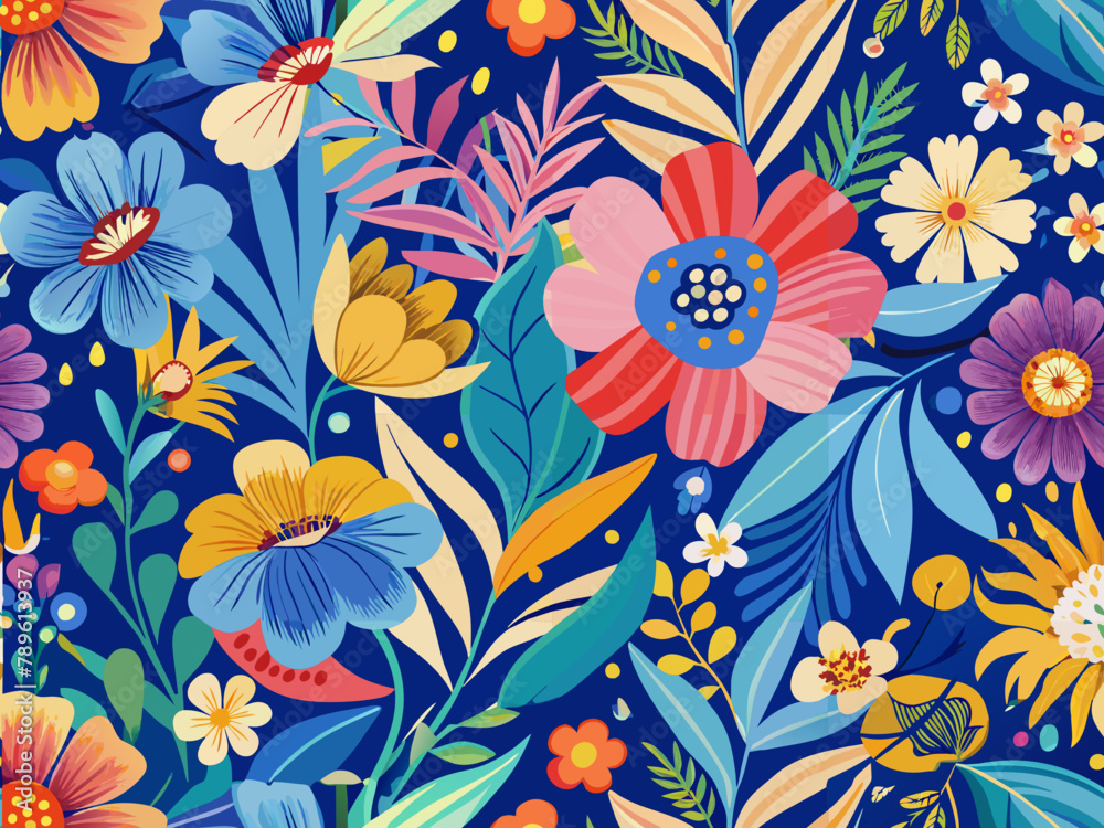 Vibrant Tropical Floral Pattern with Exotic Blooms and Foliage
