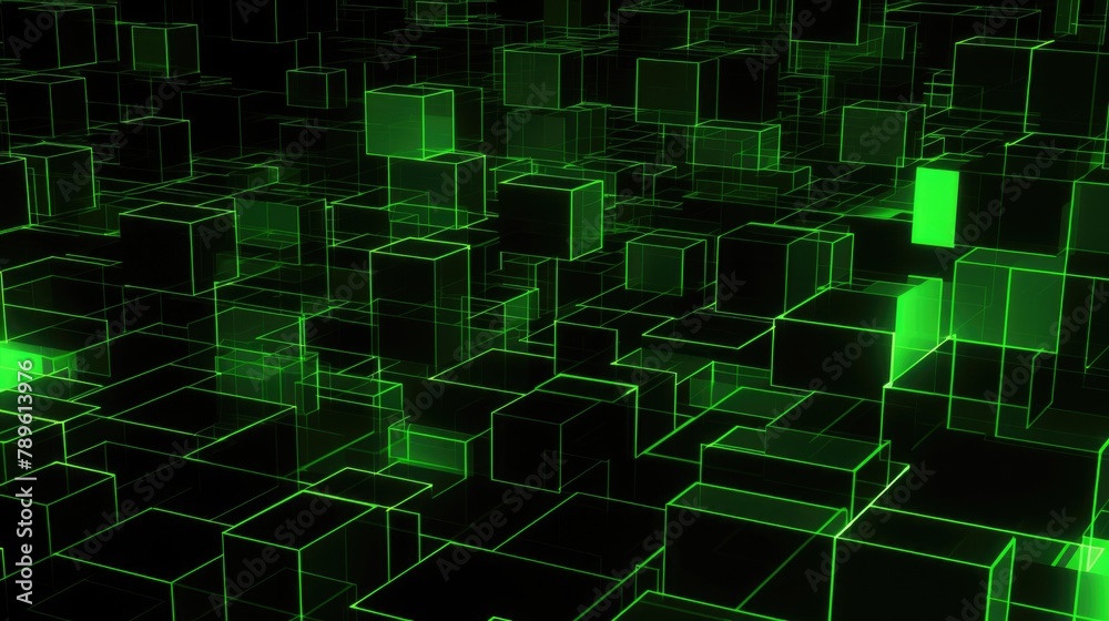 Futuristic Green Neon Cube Grid Background