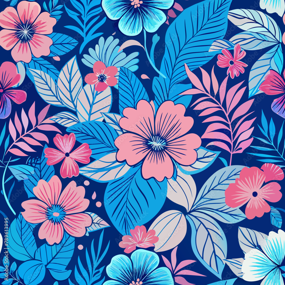 Vibrant Tropical Floral Pattern on Blue Background
