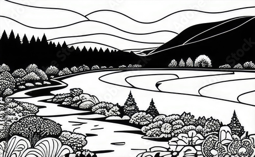 Black and white vector illustration of a mountain landscape with a river.