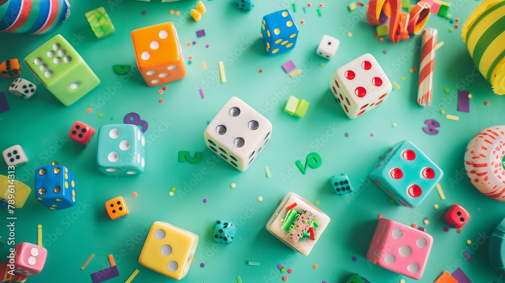 Colorful background. April fool's day background. April fool dice background concept. copy space. National Dice Day recognizes an ancient gaming tool Colorful background. April fool's day background. April fool dice background concept. copy space. National Dice Day recognizes an ancient gaming tool