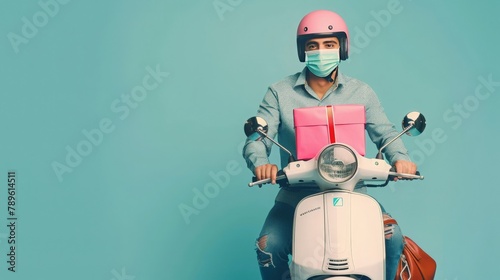 Delivery man on a scooter in protective mask handmade from colorful paper is carrying placticine gift box against light blue background, copy space. Delivery service of food and things. photo