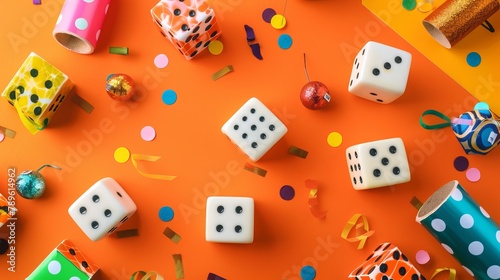 Colorful background. April fool s day background. April fool dice background concept. copy space. National Dice Day recognizes an ancient gaming tool