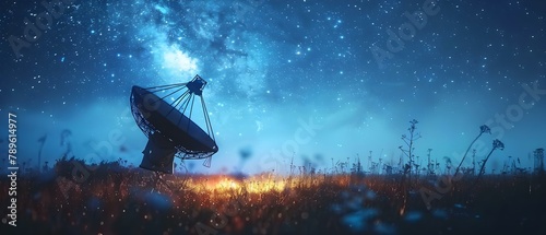Cosmic Quest: Radiotelescope Scans the Starlit Sky. Concept Deep Space Exploration, Astronomy Discoveries, Stellar Observations, Galactic Phenomena photo