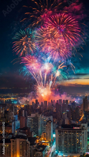 Colorful dazzling fireworks display erupting over a city skyline at night