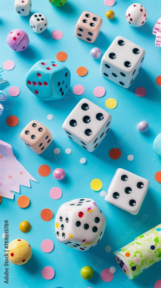 Colorful background. April fool's day background. April fool dice background concept. copy space. National Dice Day recognizes an ancient gaming tool Colorful background. April fool's day background. April fool dice background concept. copy space. National Dice Day recognizes an ancient gaming tool