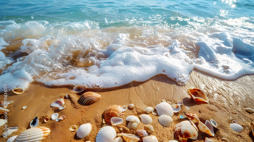 Seashells on a Sunny Beach at Shoreline