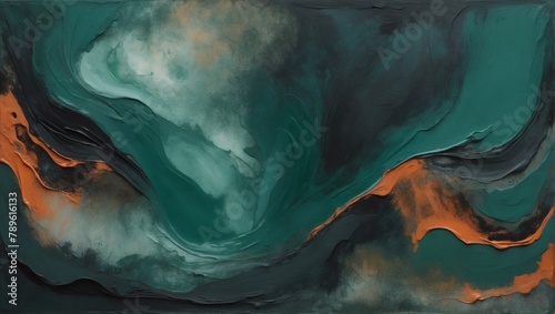 Moody abstract painted background in deep forest green, charcoal, and burnt sienna.