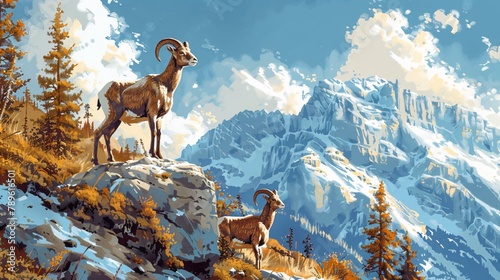 Traditional wallpaper scene with mountain goats on steep snow capped peaks photo