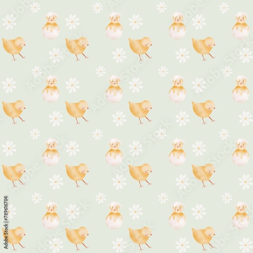 Seamless watercolor Easter day pattern with baby chicken. Happy Easter design for textile