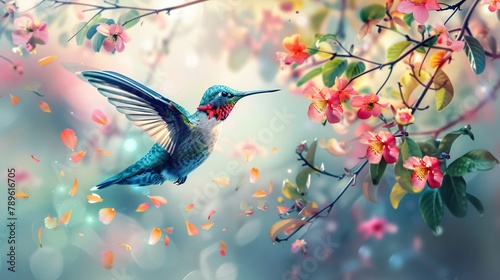 Vibrantly colored hummingbird hovering near a flowering vine blurred wings Delicate vintage illustration focus on bird and flowers