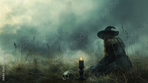 witch sitting on the ground in front of a black candle and a black skull, grass and fog around them. photo