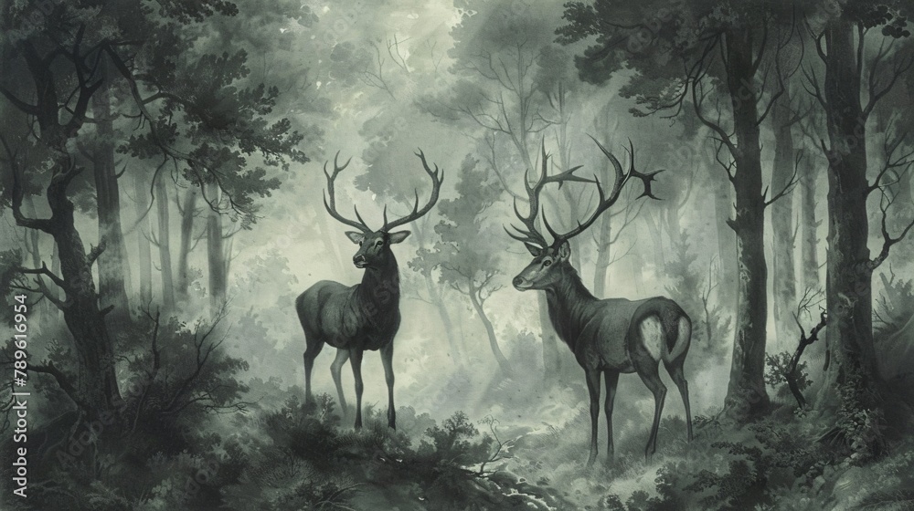 Victorian era wallpaper featuring regal stags in a misty ancient forest