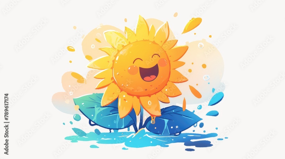 A vibrant comic style icon depicting UV radiation presented in a playful cartoon 2d illustration against a white backdrop This creative design embodies a solar protection splash effect embod