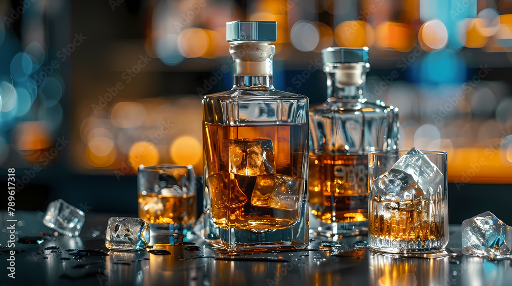 Amber Whiskey on the Rocks in Elegant Glasses With Bottle Amber Whiskey on the Rocks in Elegant Glasses With Bottle