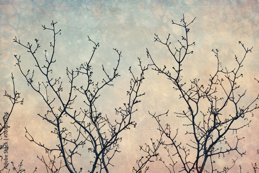 Victorian style wallpaper displaying clusters of mistletoe in wintery bare trees