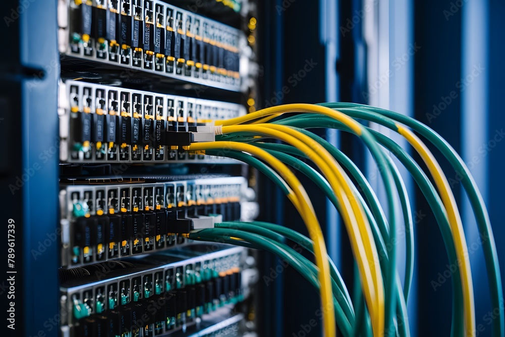 Closeup networking cable in server room, fiber optic cables Closeup networking cable in server room, fiber optic cables