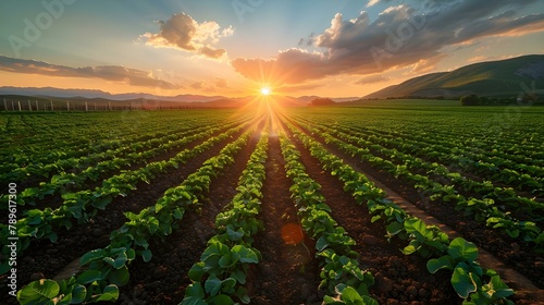 Sunset Over Sustainable Farmlands. Concept Landscape Photography, Sustainable Agriculture, Sunset Views, Environmental Conservation