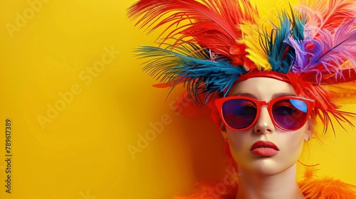 Gypsum head of goddess Diana in red hipster sunglasses decorated with multicolored feathers on duotone yellow background with copy space. Minimal bright poster design with queer vibe.