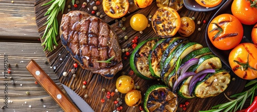 Grilled vegetables and seasoning accompany a beef steak on a wooden table. photo