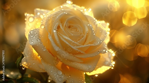 Closeup of a Hybrid tea rose with amber petals covered in water drops