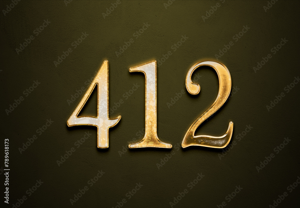Old gold effect of 412 number with 3D glossy style Mockup. Old gold effect of 412 number with 3D glossy style Mockup.