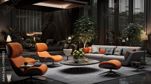 A luxurious setting in a modern lounge with gray textures and orange highlights, offering a sophisticated visual experience, realistically captured in 4k