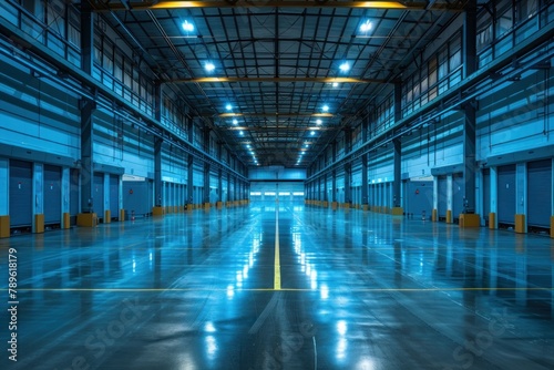 An empty blue warehouse with white lights on the ceiling
