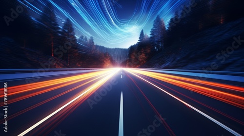 Blazing trails with car headlights captured in motion, the light trails coded with streaming data, embodying high-speed tech on a roadway in 4k photo