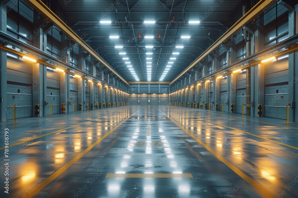 The interior of a large, modern warehouse with bright lights and large doors.