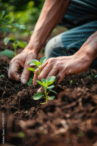 Careful hands planting a young green sapling in fertile soil