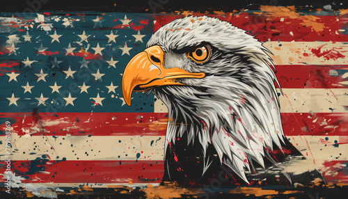Bald eagle on vintage American flag backdrop for Independence Day
