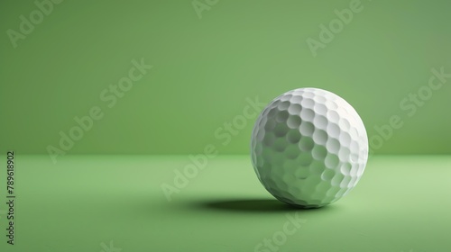 A white golf ball sits on a green surface. The ball is in focus, with a blurred green background. The image is well-lit, with a soft, even light. photo