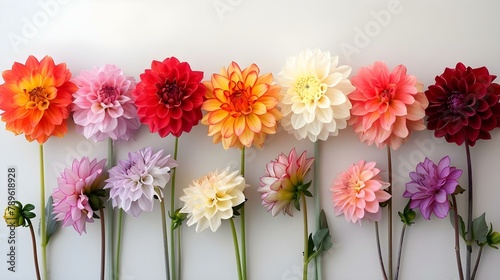 Vibrant Dahlia Symphony on White, Space for Creativity. Concept Dahlia Flowers, White Background, Creative Space