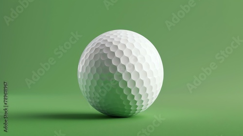 A white golf ball sits on a green surface. The ball is in focus, with a blurred green background.