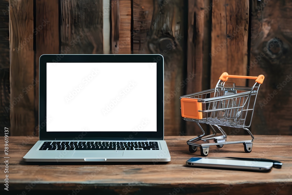 Computer notebook with blank screen and shopping cart on wood table