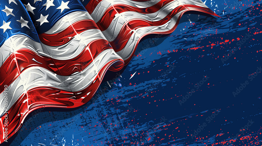 Patriotic American Flag Illustration with Dynamic Paint Splatter - obrazy, fototapety, plakaty 
