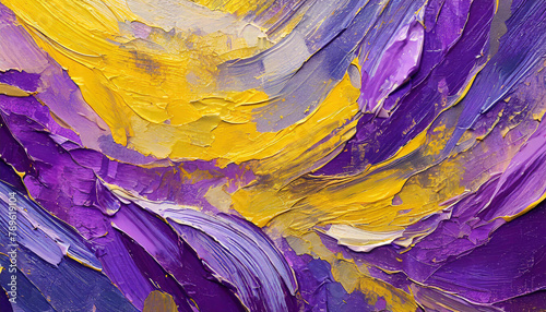 Abstract purple and yellow acrylic surface. Oil painting texture on canvas. Hand painted.