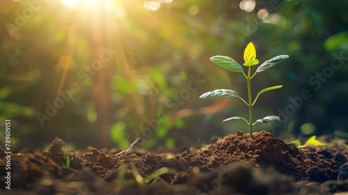 money growht in soil and tree concept , business success finance with sunshine in nature photo