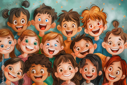 Group of Happy Smiling Kids Together Colored Illustration