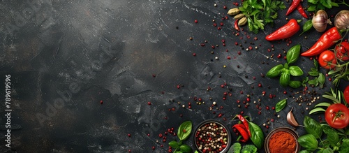 Obraz  z motywem Cooking background with a black stone surface, along with a variety of spices and vegetables. View from above with available space for text.