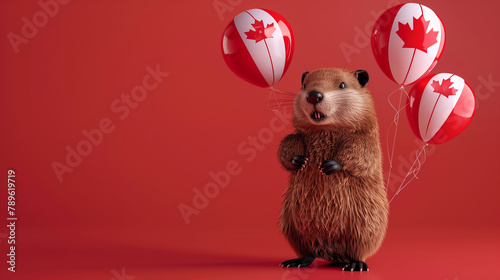 Beaver celebrating Canada Day with heart-shaped balloons on red background