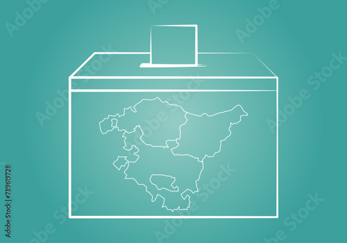 Elecciones en Euskadi. Mapa del País Vasco con sus tres provincias, urna y papeleta con trazo blanco photo