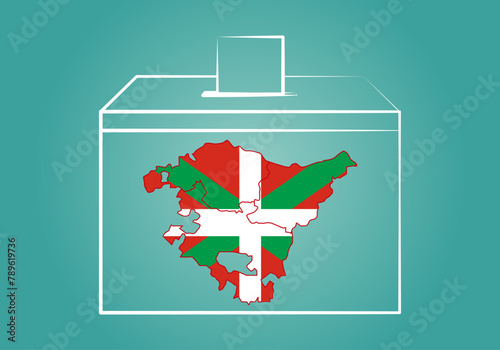Elecciones en Euskadi. Papeleta, urna y mapa con la Ikurriña y silueta del mapa de Euskadi