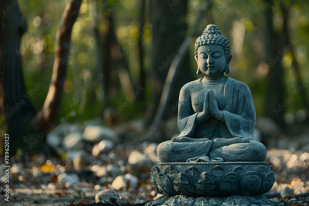 A tranquil buddha statue sits in the middle of a peaceful forest, exuding a sense of serenity and calm.