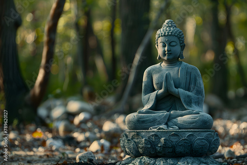 A tranquil buddha statue sits in the middle of a peaceful forest  exuding a sense of serenity and calm.